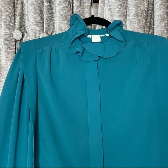 Vintage Ruffle High Neck Turquoise Blue Button Front Blouse Size 8 - Picture 5 of 16